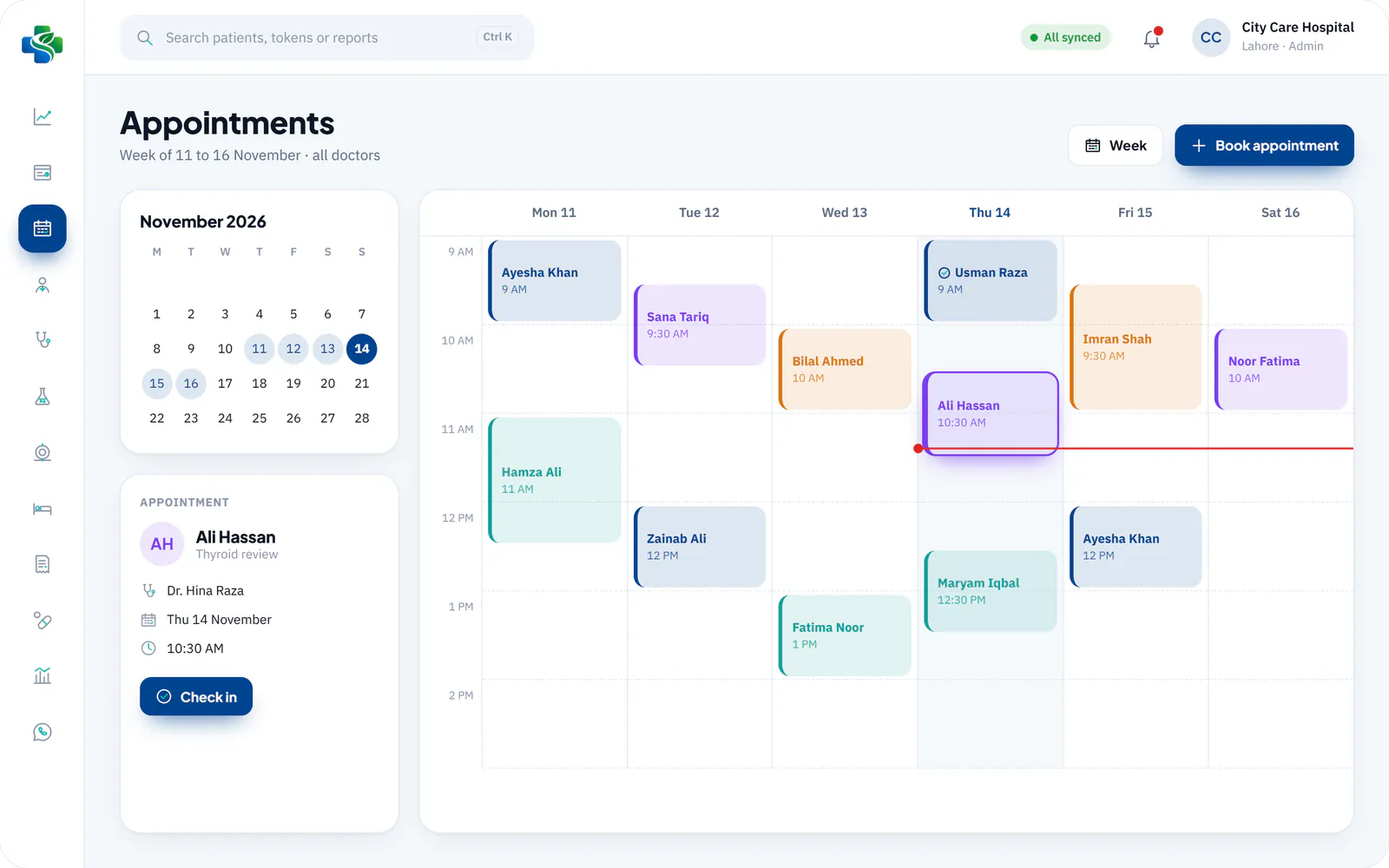 SehatMatrix Appointment calendar, week view
