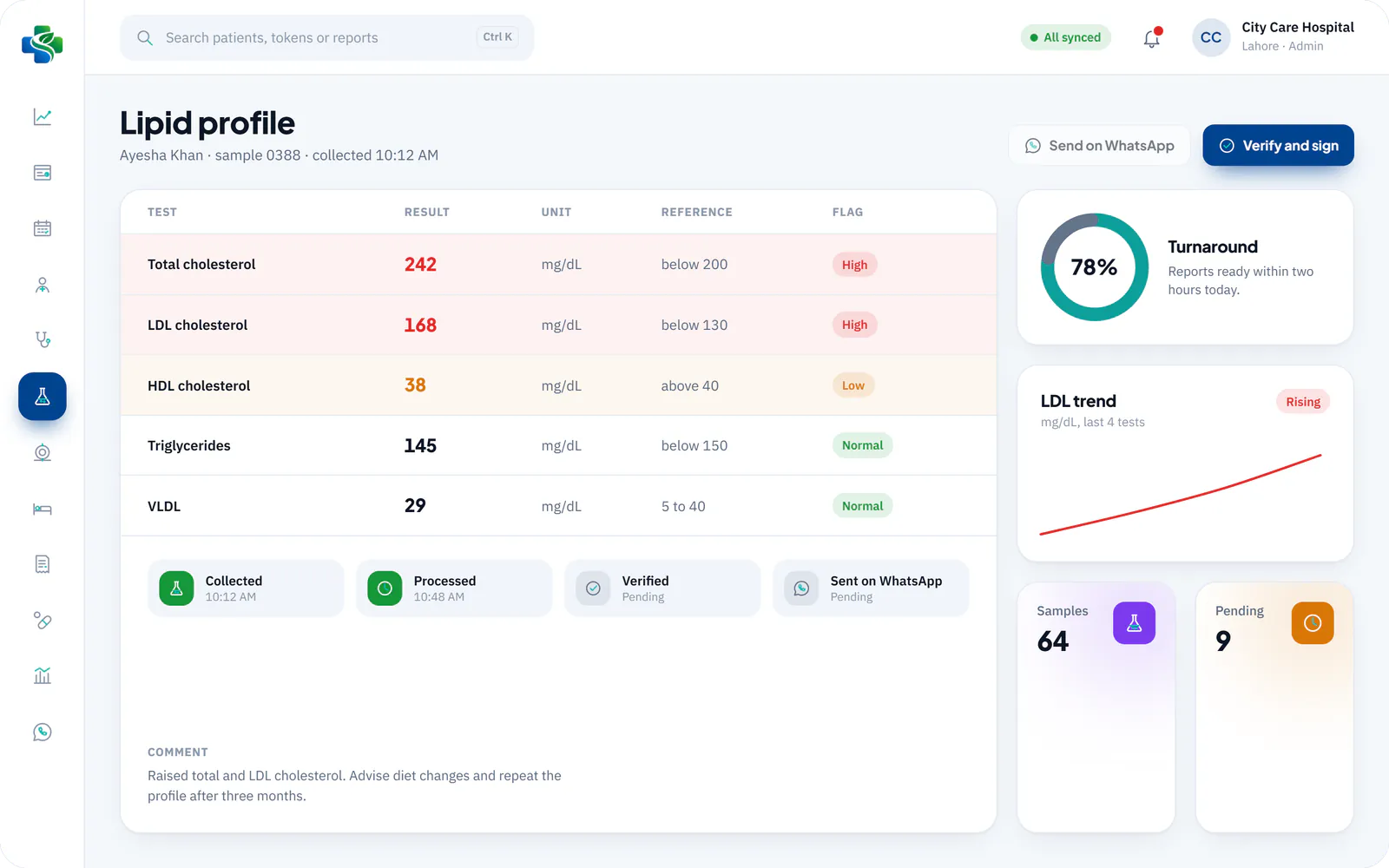 SehatMatrix Lab results with flagged values